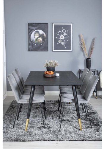 VENTURE DESIGN Dipp Esstisch-Set, mit 6 Stühlen – schwarzes Furnier/Messing, schwarzes Metall, grauer Samt/schwarzes Metall