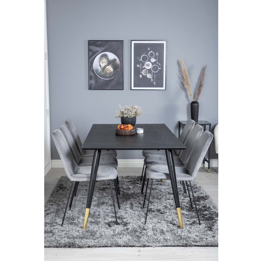 VENTURE DESIGN Dipp Esstisch-Set, mit 6 Stühlen – schwarzes Furnier/Messing, schwarzes Metall, grauer Samt/schwarzes Metall