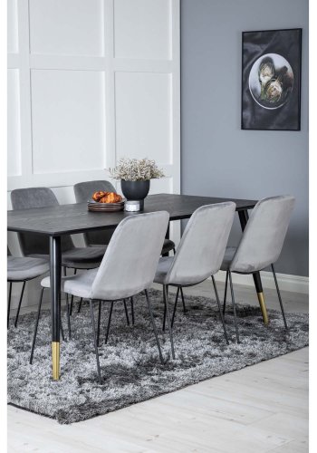VENTURE DESIGN Dipp Esstisch-Set, mit 6 Stühlen – schwarzes Furnier/Messing, schwarzes Metall, grauer Samt/schwarzes Metall