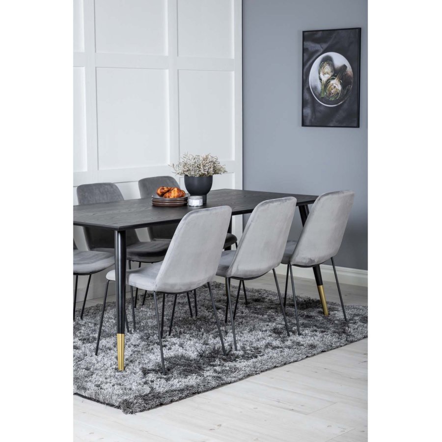 VENTURE DESIGN Dipp Esstisch-Set, mit 6 Stühlen – schwarzes Furnier/Messing, schwarzes Metall, grauer Samt/schwarzes Metall