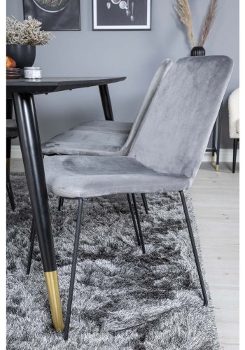 VENTURE DESIGN Dipp Esstisch-Set, mit 6 Stühlen – schwarzes Furnier/Messing, schwarzes Metall, grauer Samt/schwarzes Metall