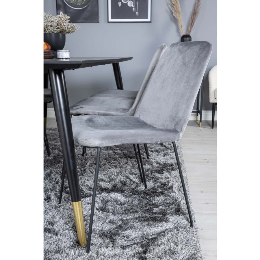 VENTURE DESIGN Dipp Esstisch-Set, mit 6 Stühlen – schwarzes Furnier/Messing, schwarzes Metall, grauer Samt/schwarzes Metall