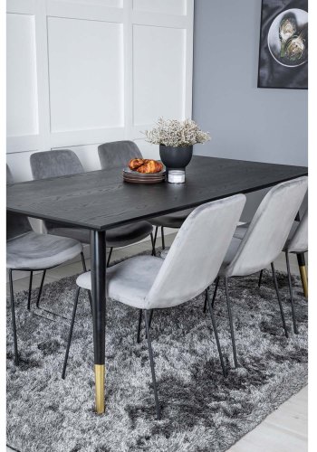 VENTURE DESIGN Dipp Esstisch-Set, mit 6 Stühlen – schwarzes Furnier/Messing, schwarzes Metall, grauer Samt/schwarzes Metall