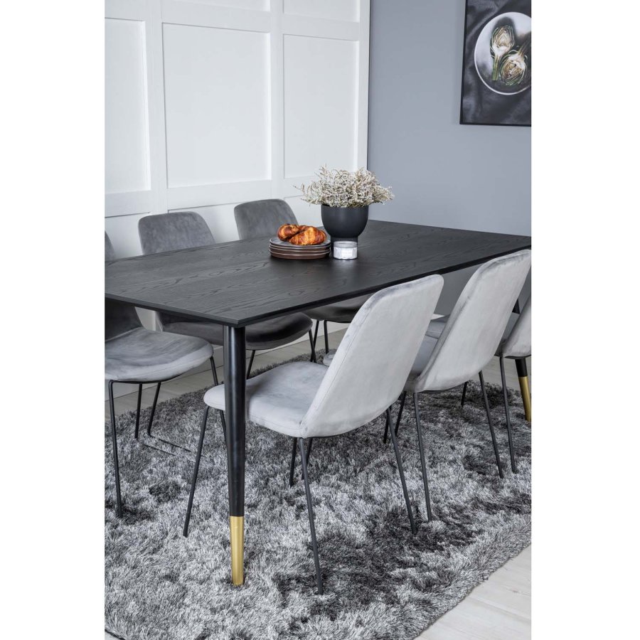VENTURE DESIGN Dipp Esstisch-Set, mit 6 Stühlen – schwarzes Furnier/Messing, schwarzes Metall, grauer Samt/schwarzes Metall