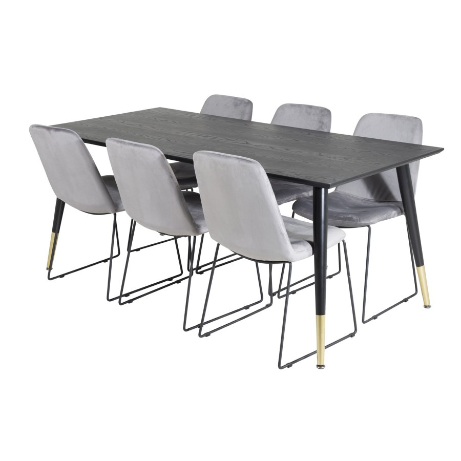 VENTURE DESIGN Dipp Esstisch-Set, mit 6 Stühlen – schwarzes Furnier/Messing, schwarzes Metall, grauer Samt/schwarzes Metall