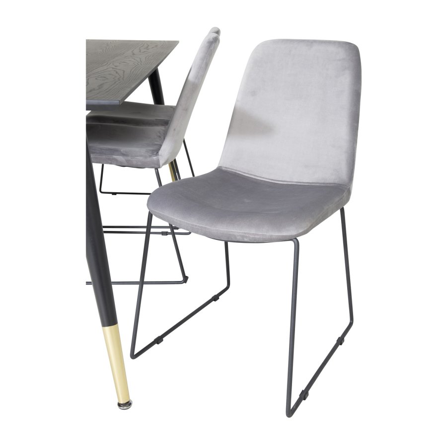 VENTURE DESIGN Dipp Esstisch-Set, mit 6 Stühlen – schwarzes Furnier/Messing, schwarzes Metall, grauer Samt/schwarzes Metall