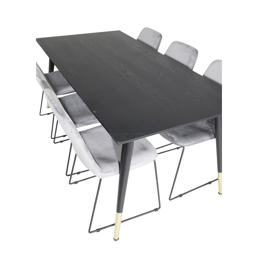 VENTURE DESIGN Dipp Esstisch-Set, mit 6 Stühlen – schwarzes Furnier/Messing, schwarzes Metall, grauer Samt/schwarzes Metall