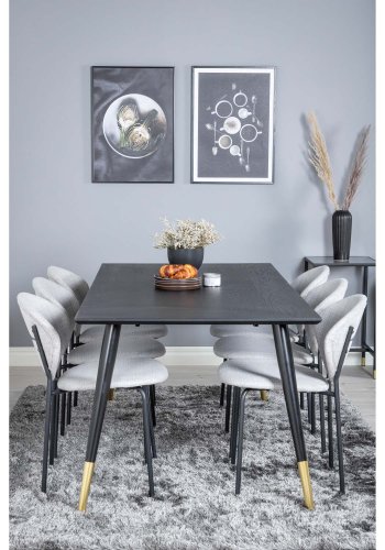 VENTURE DESIGN Dipp spisebordsett, m. 6 stoler - sort finér/messing sort metall, grtt stoff/svart metall