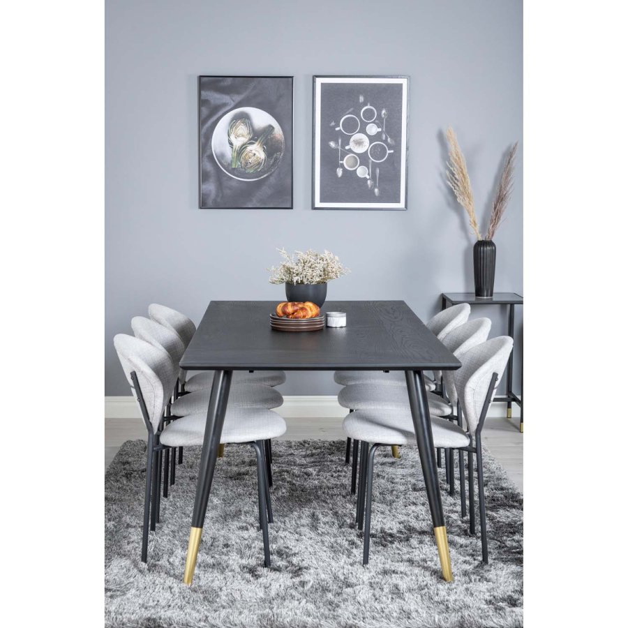 VENTURE DESIGN Dipp spisebordsett, m. 6 stoler - sort finér/messing sort metall, grtt stoff/svart metall