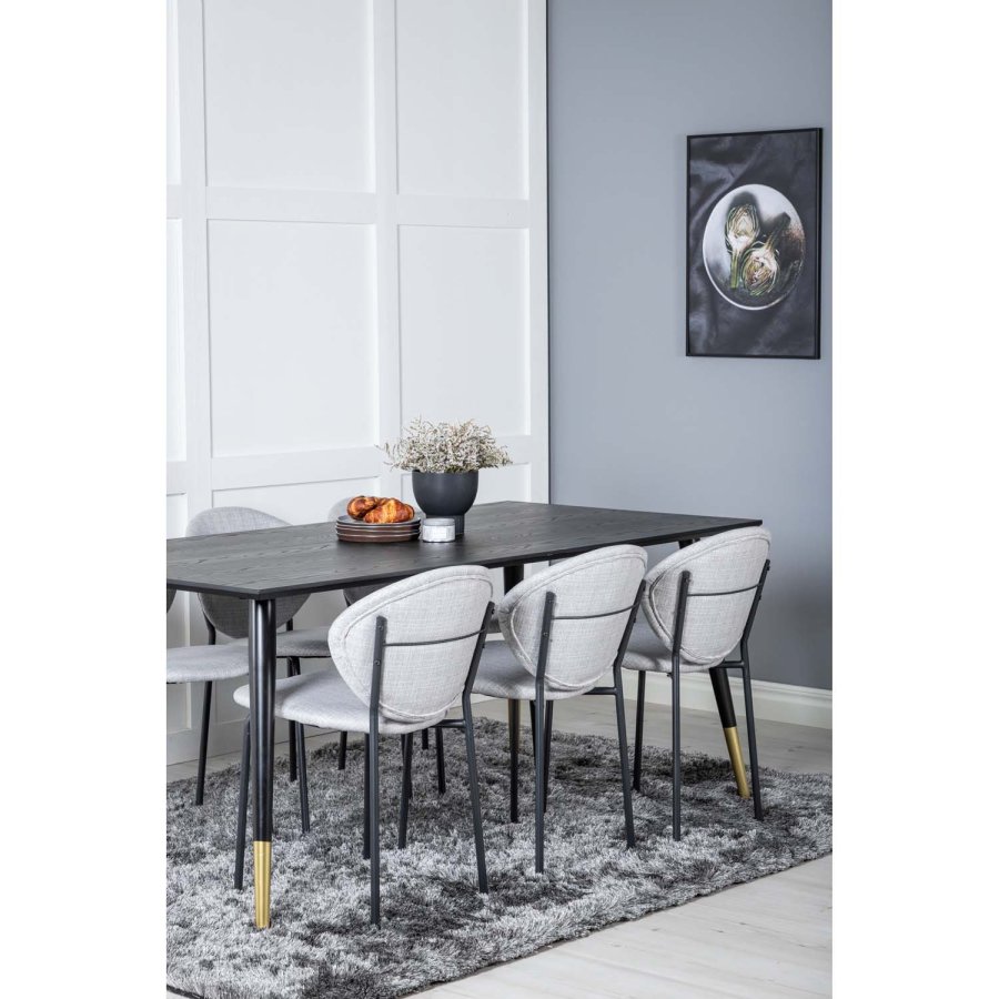 VENTURE DESIGN Dipp spisebordsett, m. 6 stoler - sort finér/messing sort metall, grtt stoff/svart metall