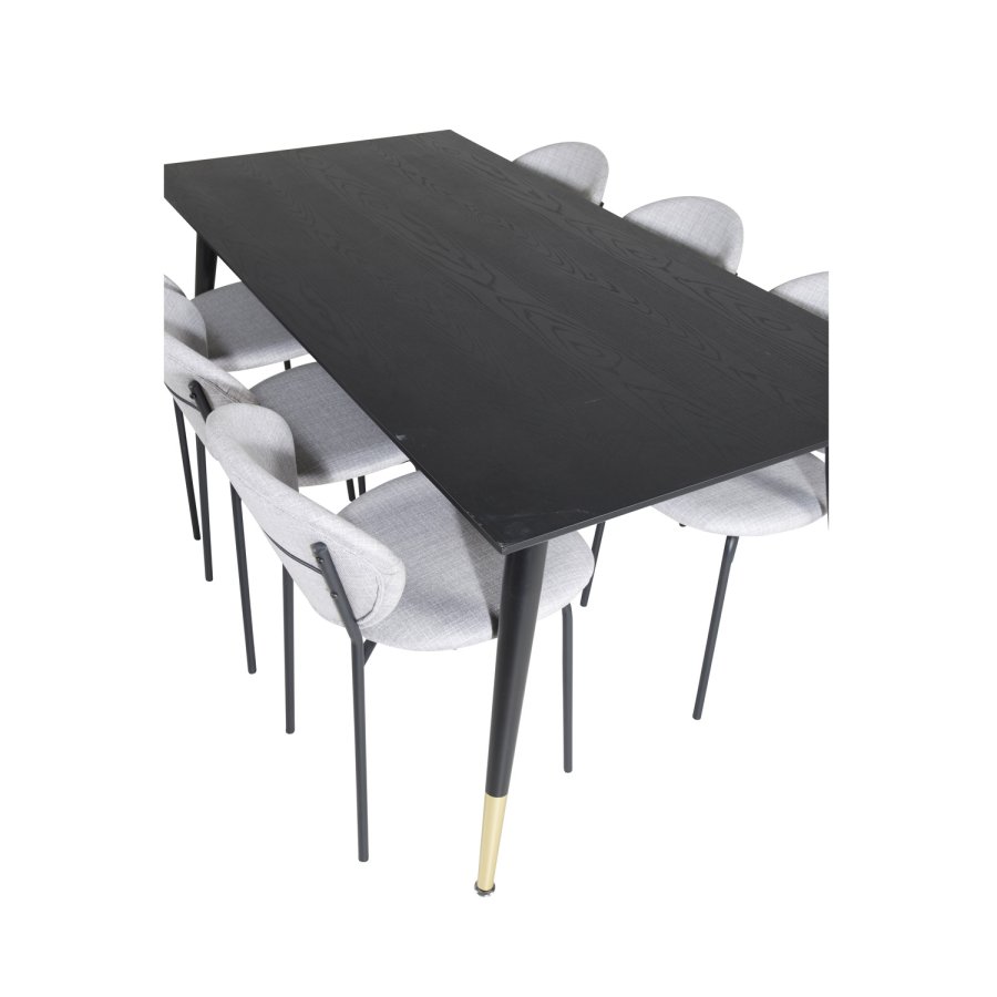 VENTURE DESIGN Dipp spisebordsett, m. 6 stoler - sort finér/messing sort metall, grtt stoff/svart metall