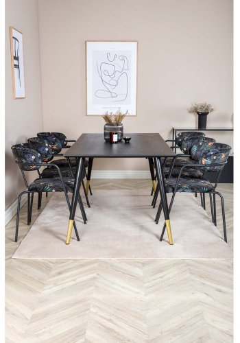 VENTURE DESIGN Dipp Esstisch-Set, mit 6 Stühlen – schwarzes Furnier/Messing/schwarzes Metall, mehrfarbiger Stoff/schwarzes Metall