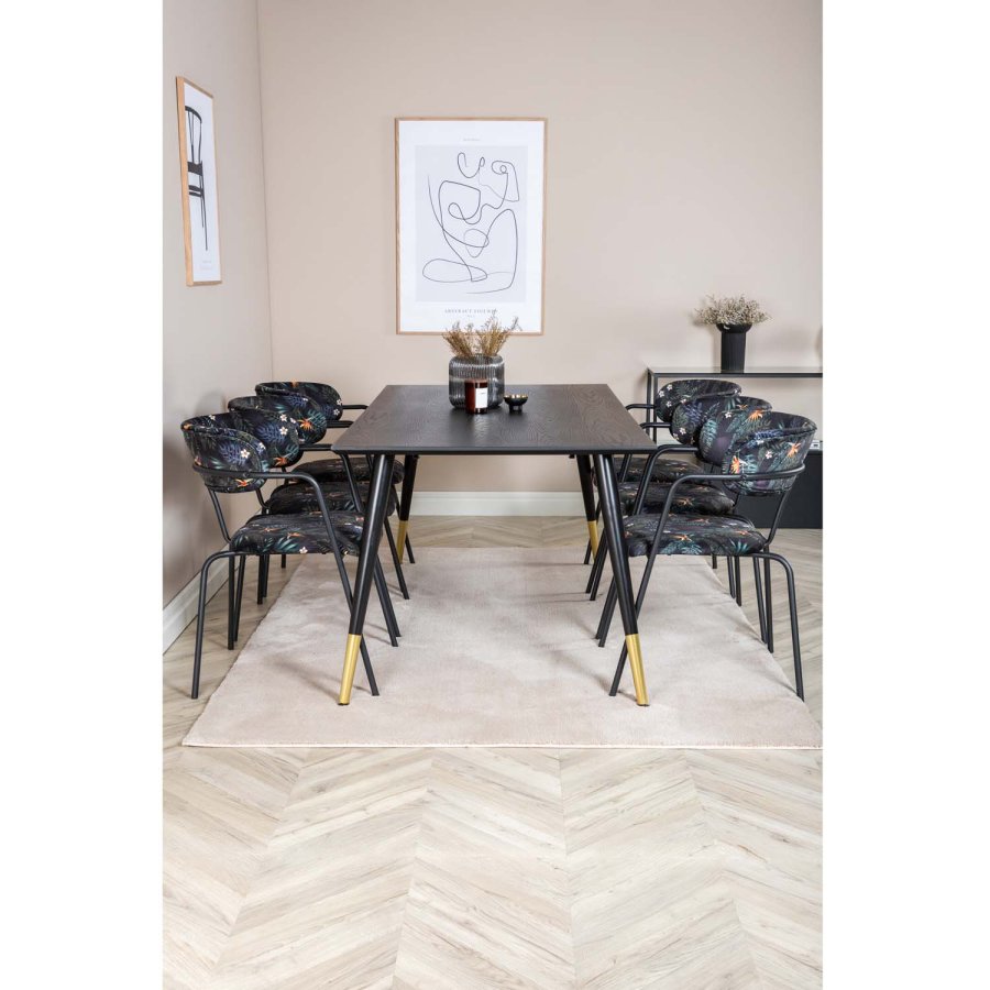 VENTURE DESIGN Dipp Esstisch-Set, mit 6 Stühlen – schwarzes Furnier/Messing/schwarzes Metall, mehrfarbiger Stoff/schwarzes Metall
