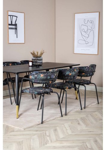 VENTURE DESIGN Dipp Esstisch-Set, mit 6 Stühlen – schwarzes Furnier/Messing/schwarzes Metall, mehrfarbiger Stoff/schwarzes Metall