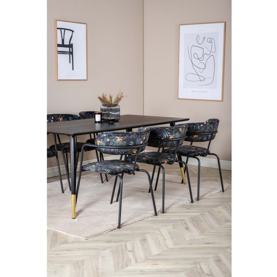 VENTURE DESIGN Dipp Esstisch-Set, mit 6 Stühlen – schwarzes Furnier/Messing/schwarzes Metall, mehrfarbiger Stoff/schwarzes Metall