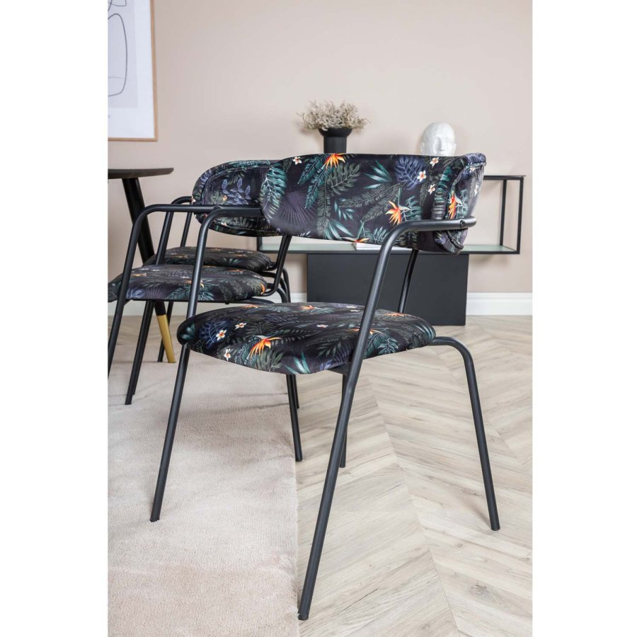 VENTURE DESIGN Dipp Esstisch-Set, mit 6 Stühlen – schwarzes Furnier/Messing/schwarzes Metall, mehrfarbiger Stoff/schwarzes Metall