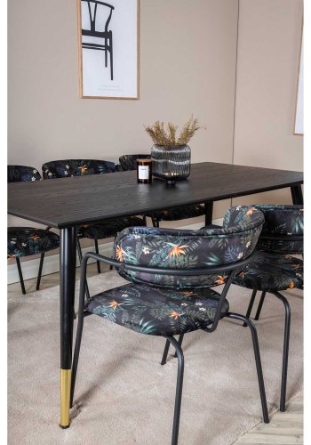 VENTURE DESIGN Dipp Esstisch-Set, mit 6 Stühlen – schwarzes Furnier/Messing/schwarzes Metall, mehrfarbiger Stoff/schwarzes Metall