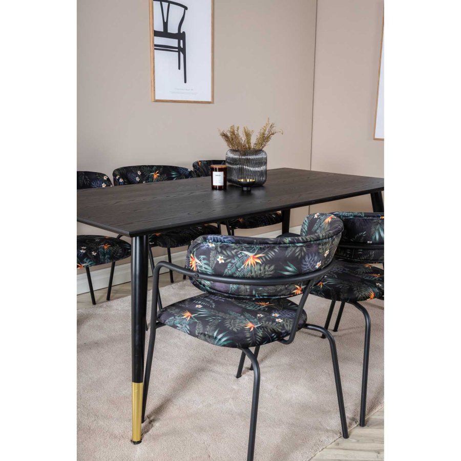 VENTURE DESIGN Dipp Esstisch-Set, mit 6 Stühlen – schwarzes Furnier/Messing/schwarzes Metall, mehrfarbiger Stoff/schwarzes Metall