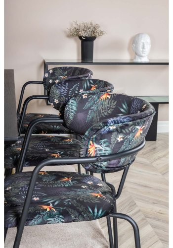 VENTURE DESIGN Dipp Esstisch-Set, mit 6 Stühlen – schwarzes Furnier/Messing/schwarzes Metall, mehrfarbiger Stoff/schwarzes Metall