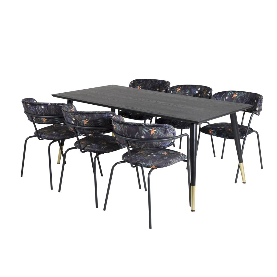 VENTURE DESIGN Dipp Esstisch-Set, mit 6 Stühlen – schwarzes Furnier/Messing/schwarzes Metall, mehrfarbiger Stoff/schwarzes Metall