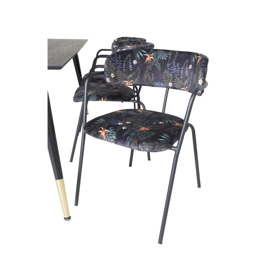 VENTURE DESIGN Dipp Esstisch-Set, mit 6 Stühlen – schwarzes Furnier/Messing/schwarzes Metall, mehrfarbiger Stoff/schwarzes Metall