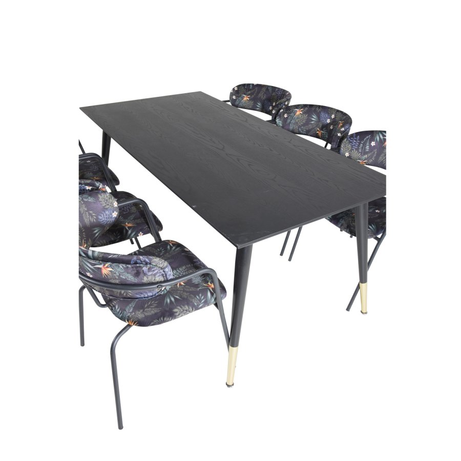 VENTURE DESIGN Dipp Esstisch-Set, mit 6 Stühlen – schwarzes Furnier/Messing/schwarzes Metall, mehrfarbiger Stoff/schwarzes Metall