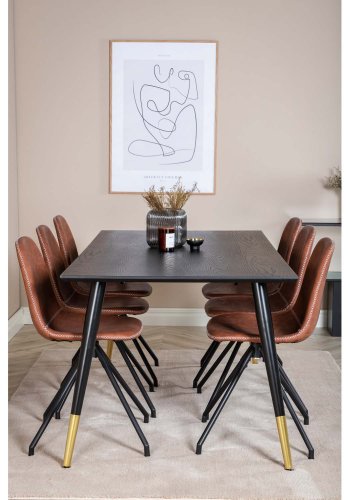 VENTURE DESIGN Dipp spisebordsett, m. 6 stoler - sort finér/messing sort metall, brun PU/svart metall