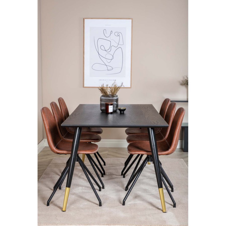 VENTURE DESIGN Dipp spisebordsett, m. 6 stoler - sort finér/messing sort metall, brun PU/svart metall