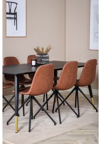 VENTURE DESIGN Dipp spisebordsett, m. 6 stoler - sort finér/messing sort metall, brun PU/svart metall
