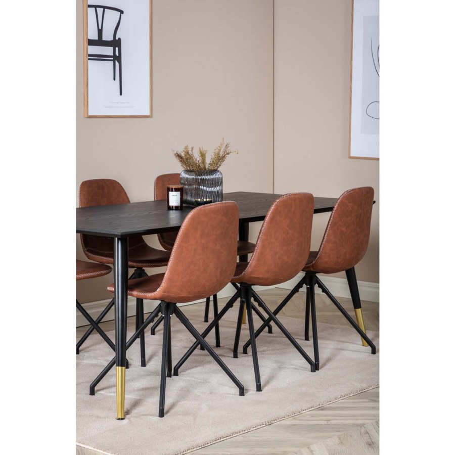 VENTURE DESIGN Dipp spisebordsett, m. 6 stoler - sort finér/messing sort metall, brun PU/svart metall