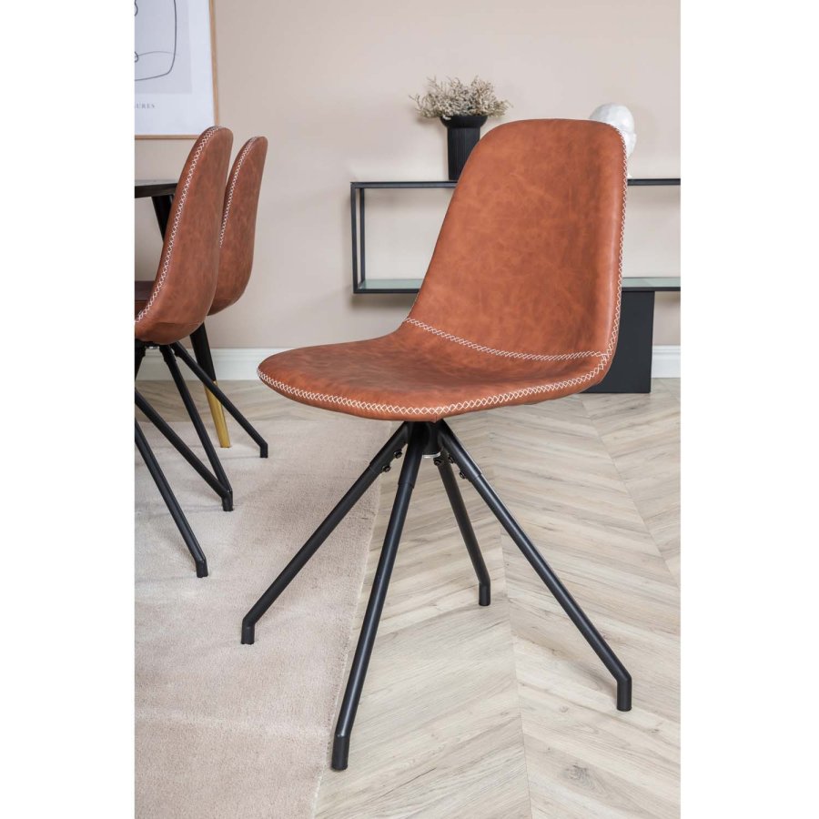 VENTURE DESIGN Dipp spisebordsett, m. 6 stoler - sort finér/messing sort metall, brun PU/svart metall