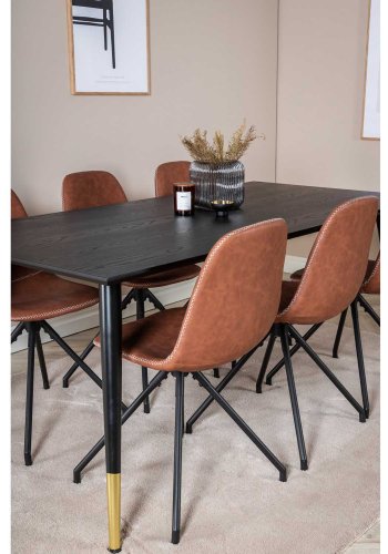 VENTURE DESIGN Dipp spisebordsett, m. 6 stoler - sort finér/messing sort metall, brun PU/svart metall