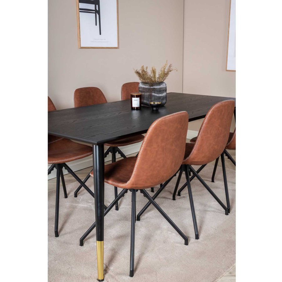 VENTURE DESIGN Dipp spisebordsett, m. 6 stoler - sort finér/messing sort metall, brun PU/svart metall