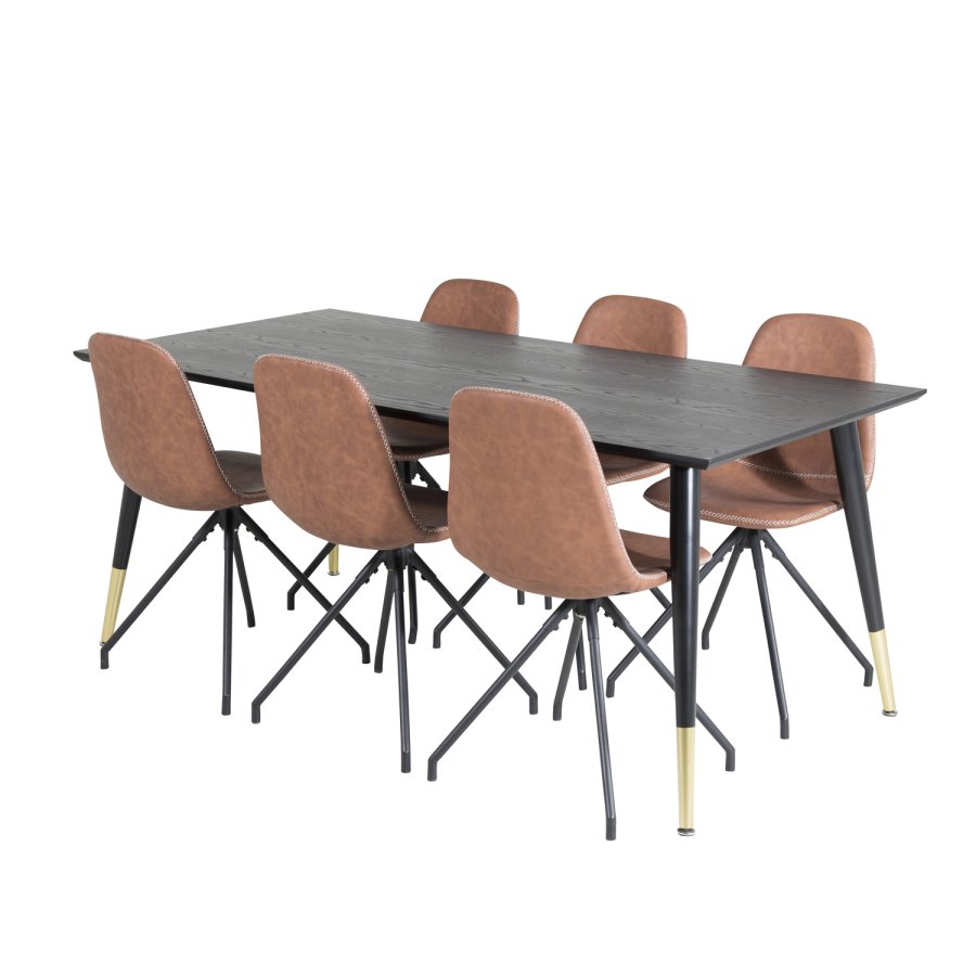 VENTURE DESIGN Dipp spisebordsett, m. 6 stoler - sort finér/messing sort metall, brun PU/svart metall