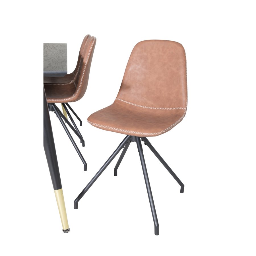 VENTURE DESIGN Dipp spisebordsett, m. 6 stoler - sort finér/messing sort metall, brun PU/svart metall