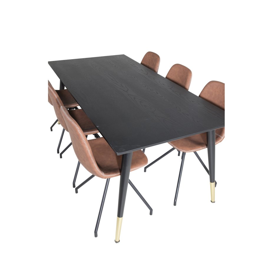 VENTURE DESIGN Dipp spisebordsett, m. 6 stoler - sort finér/messing sort metall, brun PU/svart metall
