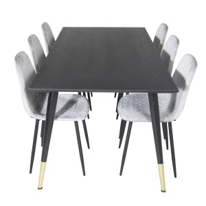 VENTURE DESIGN Dipp Matbordsset, med 6 Stolar - Svart Fanér / Mässing Svart Metall, Gr Sammet / Svart Metall