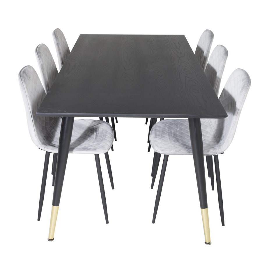 VENTURE DESIGN Dipp spisebordsett, m. 6 stoler - sort finér/messing sort metall, gr flyel/svart metall