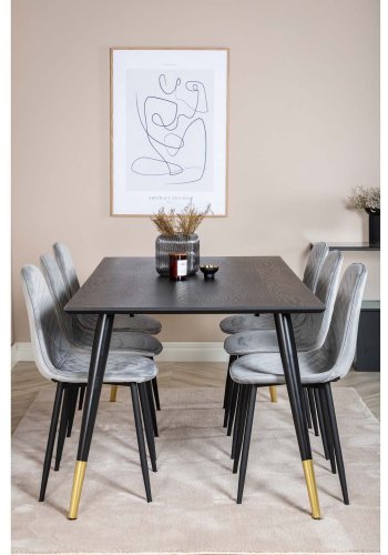 VENTURE DESIGN Dipp spisebordsett, m. 6 stoler - sort finér/messing sort metall, gr flyel/svart metall