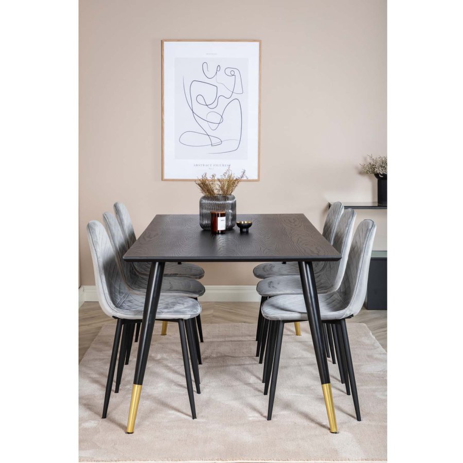 VENTURE DESIGN Dipp spisebordsett, m. 6 stoler - sort finér/messing sort metall, gr flyel/svart metall