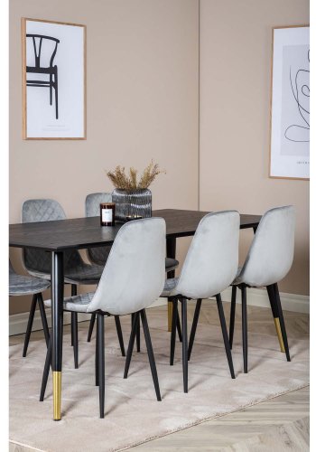 VENTURE DESIGN Dipp spisebordsett, m. 6 stoler - sort finér/messing sort metall, gr flyel/svart metall