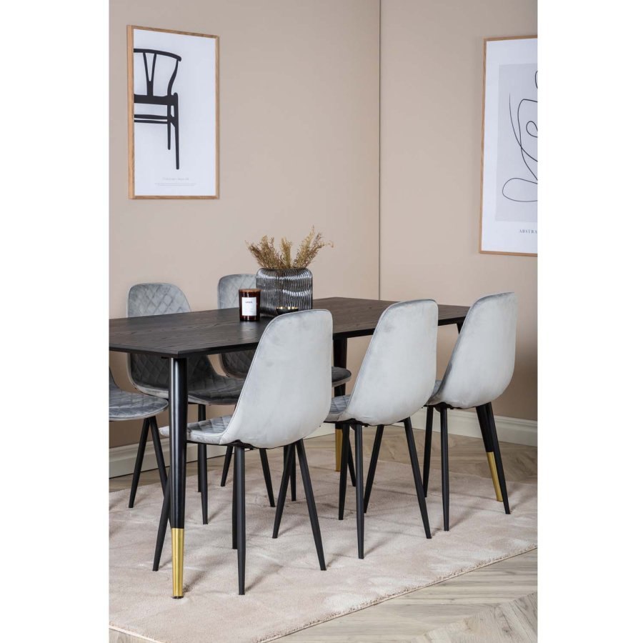 VENTURE DESIGN Dipp spisebordsett, m. 6 stoler - sort finér/messing sort metall, gr flyel/svart metall