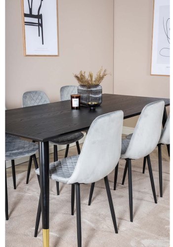 VENTURE DESIGN Dipp spisebordsett, m. 6 stoler - sort finér/messing sort metall, gr flyel/svart metall