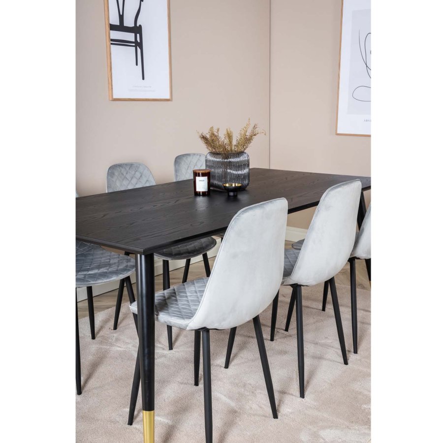 VENTURE DESIGN Dipp spisebordsett, m. 6 stoler - sort finér/messing sort metall, gr flyel/svart metall