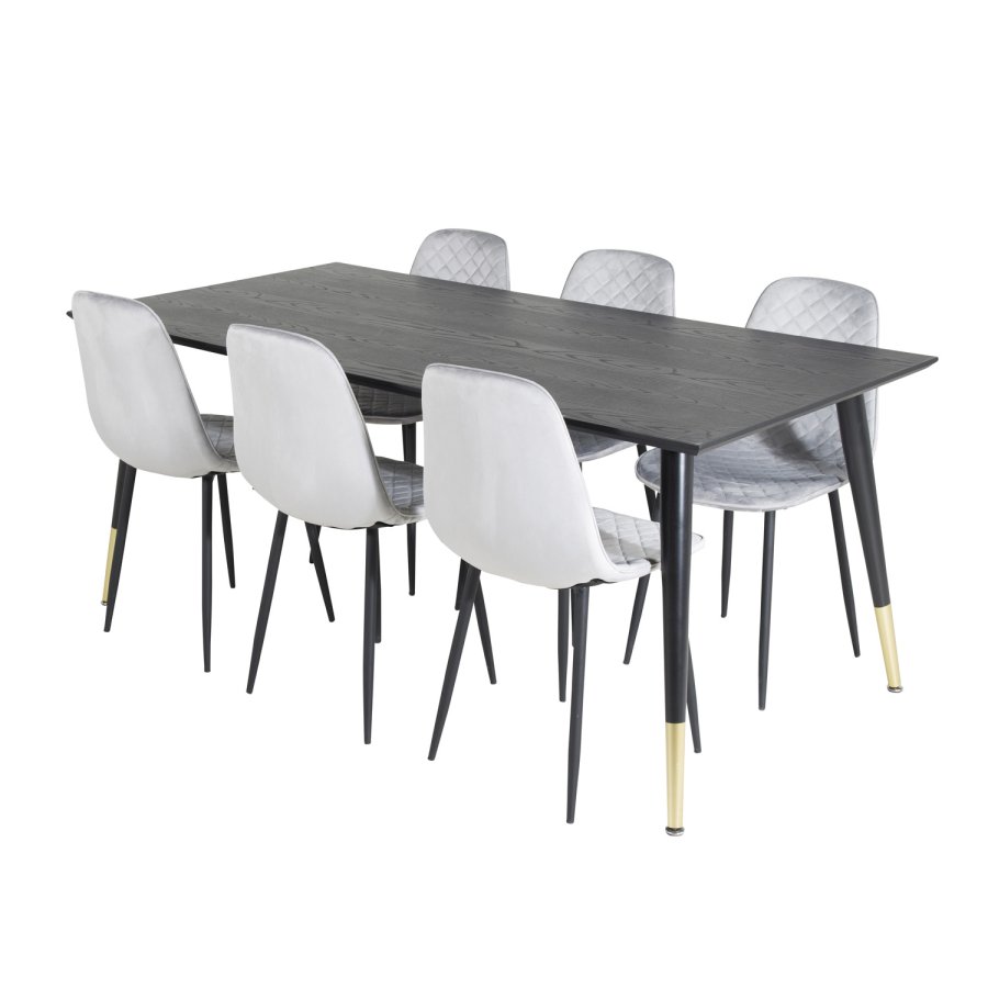 VENTURE DESIGN Dipp spisebordsett, m. 6 stoler - sort finér/messing sort metall, gr flyel/svart metall