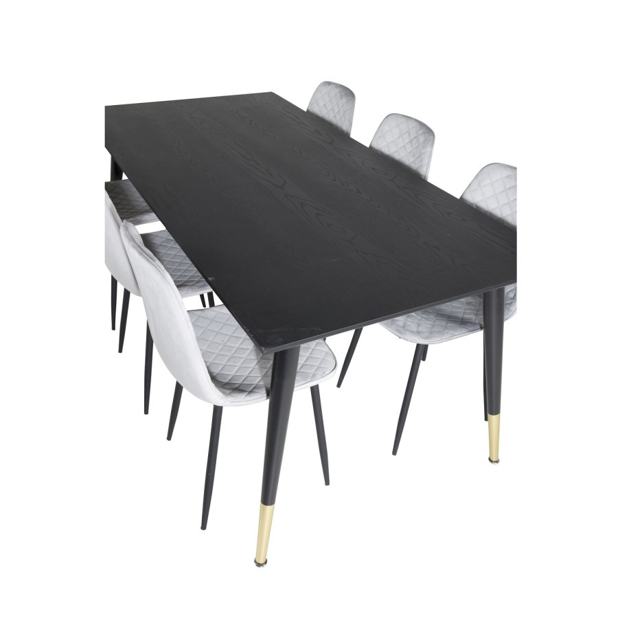 VENTURE DESIGN Dipp spisebordsett, m. 6 stoler - sort finér/messing sort metall, gr flyel/svart metall