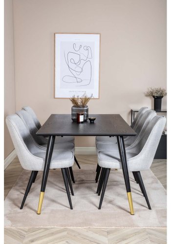 VENTURE DESIGN Dipp Esstisch-Set, mit 6 Stühlen – schwarzes Furnier/Messing/schwarzes Metall, grauer Stoff/schwarzes Metall