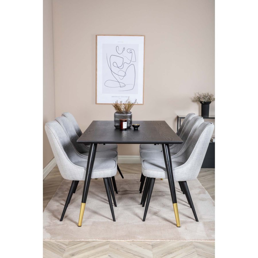 VENTURE DESIGN Dipp Esstisch-Set, mit 6 Stühlen – schwarzes Furnier/Messing/schwarzes Metall, grauer Stoff/schwarzes Metall