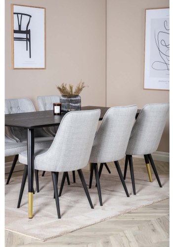 VENTURE DESIGN Dipp Esstisch-Set, mit 6 Stühlen – schwarzes Furnier/Messing/schwarzes Metall, grauer Stoff/schwarzes Metall