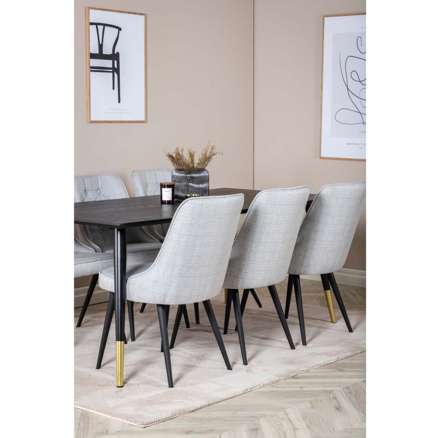 VENTURE DESIGN Dipp Esstisch-Set, mit 6 Stühlen – schwarzes Furnier/Messing/schwarzes Metall, grauer Stoff/schwarzes Metall